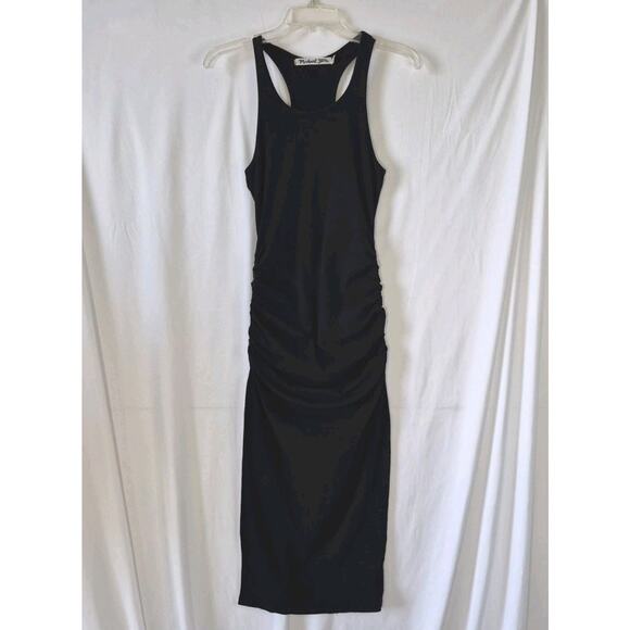 Michael Stars Womens Designer Black Ruched Racer Back Midi Dress Small - Picture 3 of 9